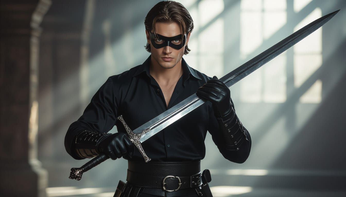 Ethereal Swordsman in Domino Mask: A Dark Fantasy Portrait