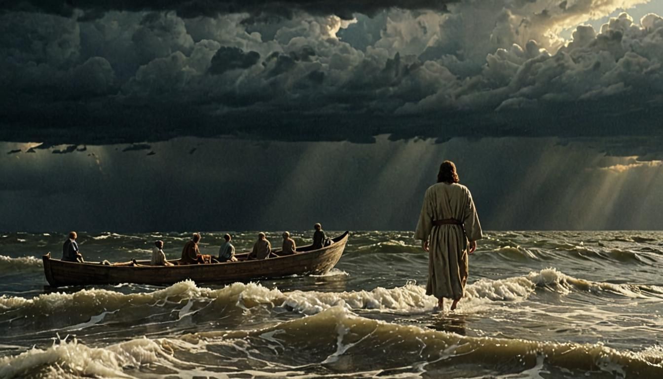Jesus Walks on Water in Cinematic Still