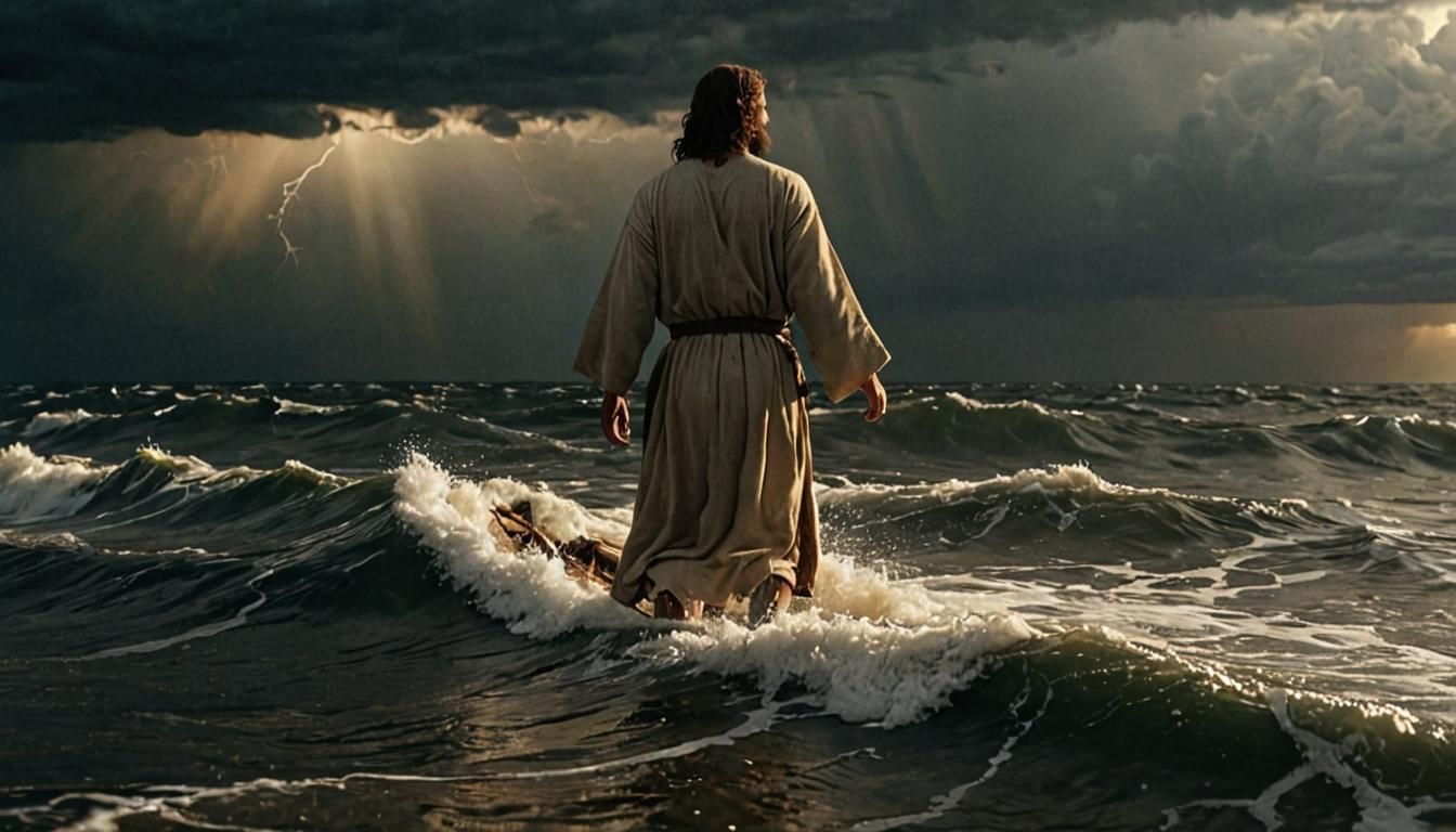 Jesus Walks on Water in Golden Light