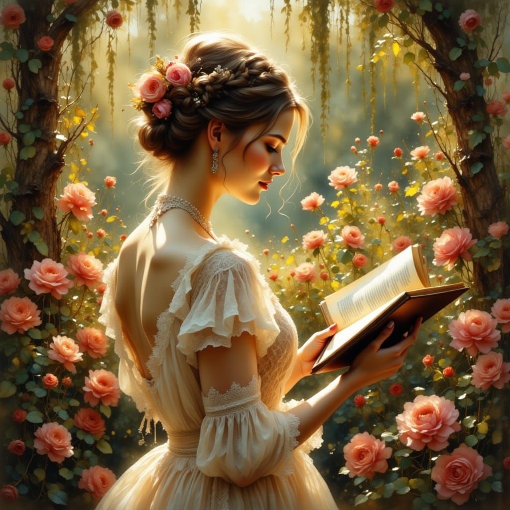 Ethereal Rose Garden Scene in Antique Watercolor Style