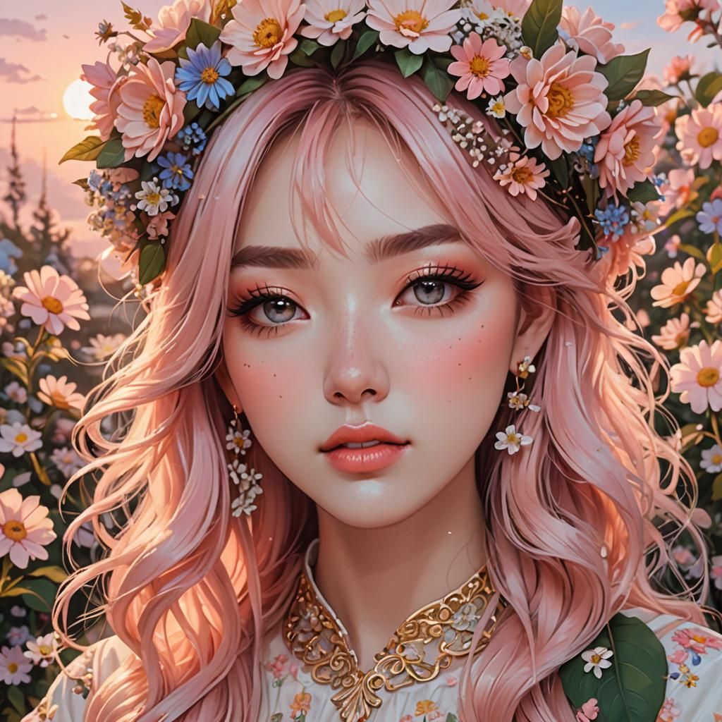 Aesthetic Girl with Flowers Selfie in Ukiyo-e Style