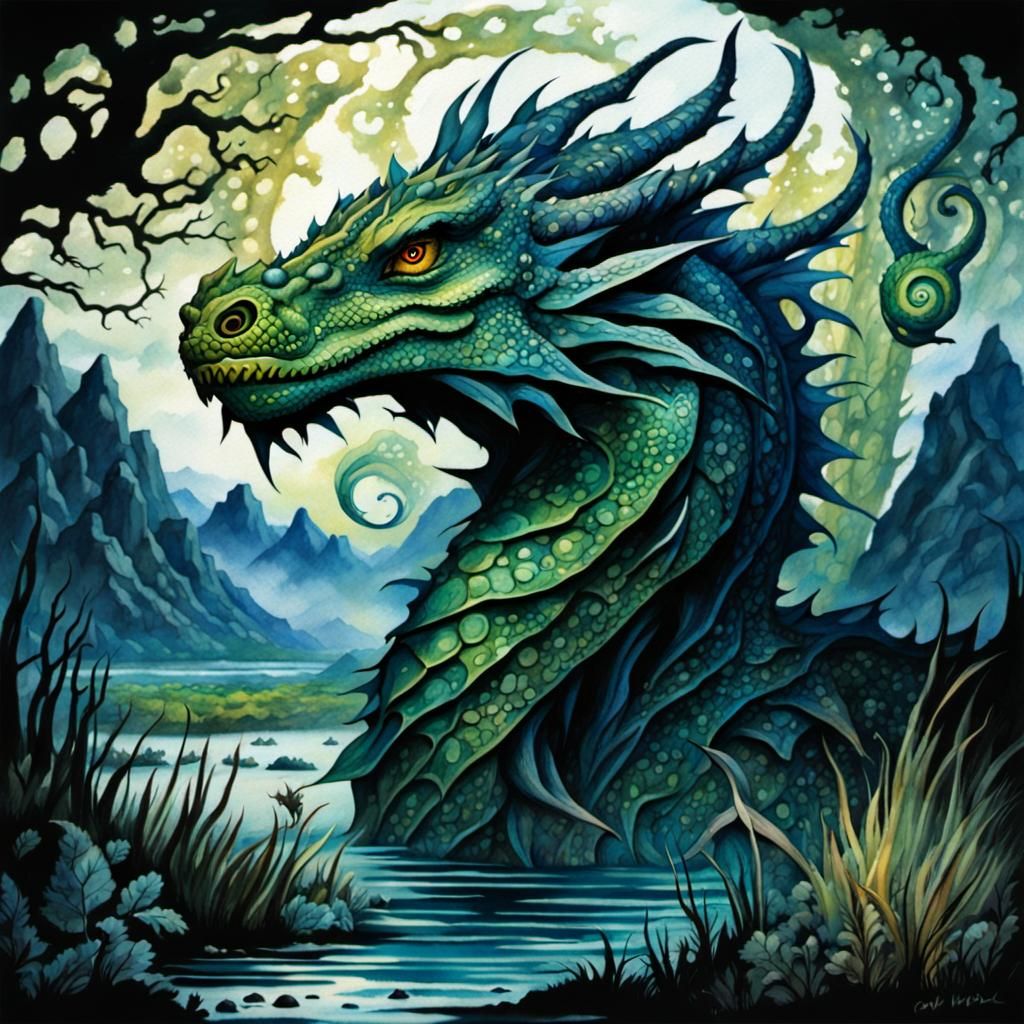 Majestic Runed Water Dragon in High Gothic Watercolor