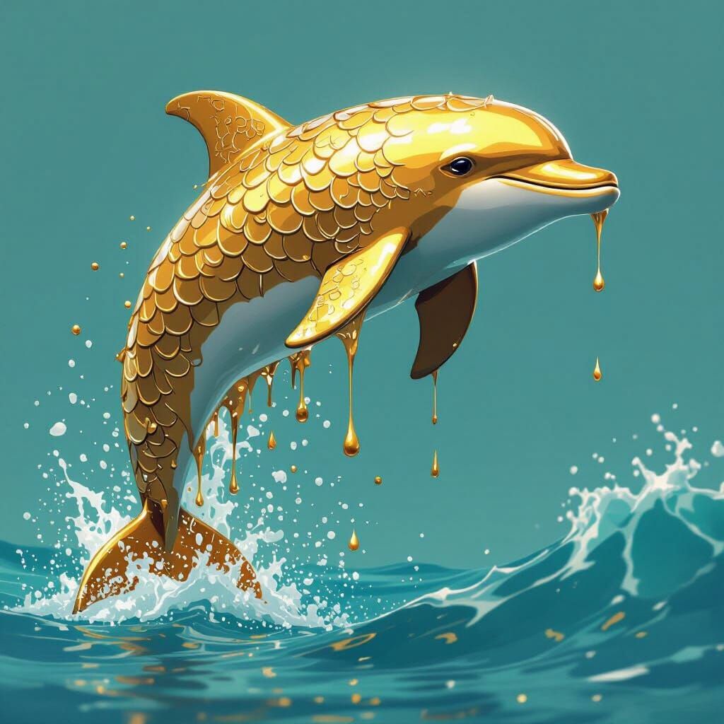 Golden Dolphin Leaping from Sea in Futuristic Style