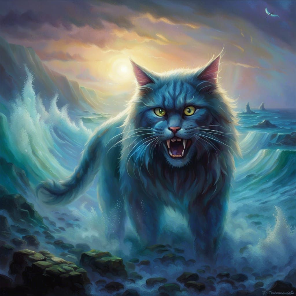 Enormous Cat with Glowing Eyes Stalks Ocean Floor