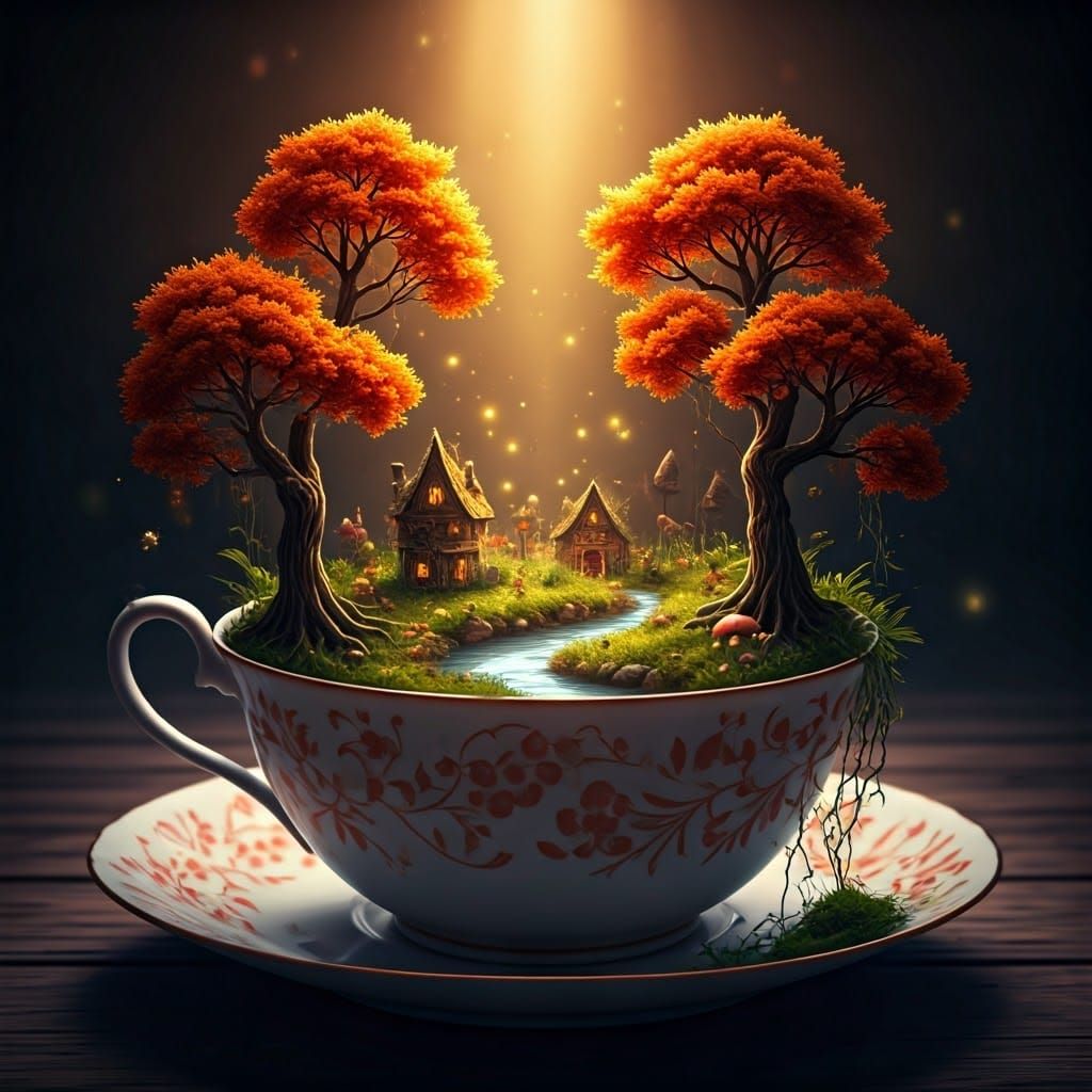Autumn World in Teacup: Hyperdetailed Miniature Landscape