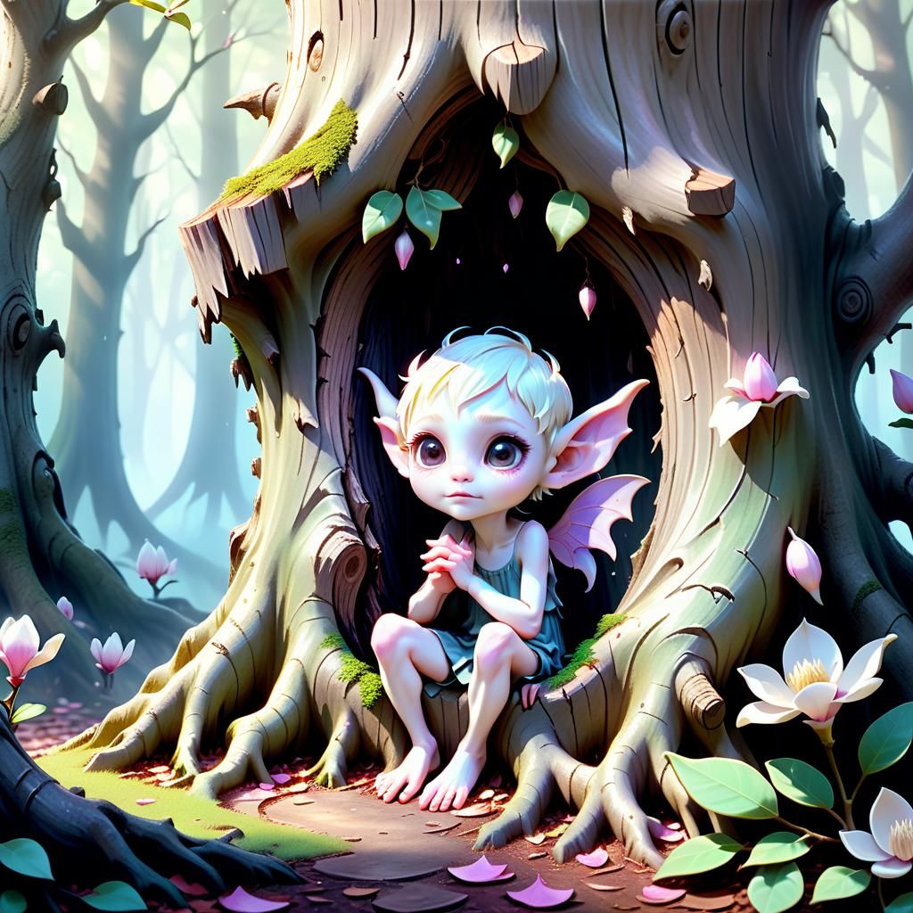 Envision a high-definition universe showcasing a small, cute, pale pixie demon sneakily peeking out from an alcove withi...