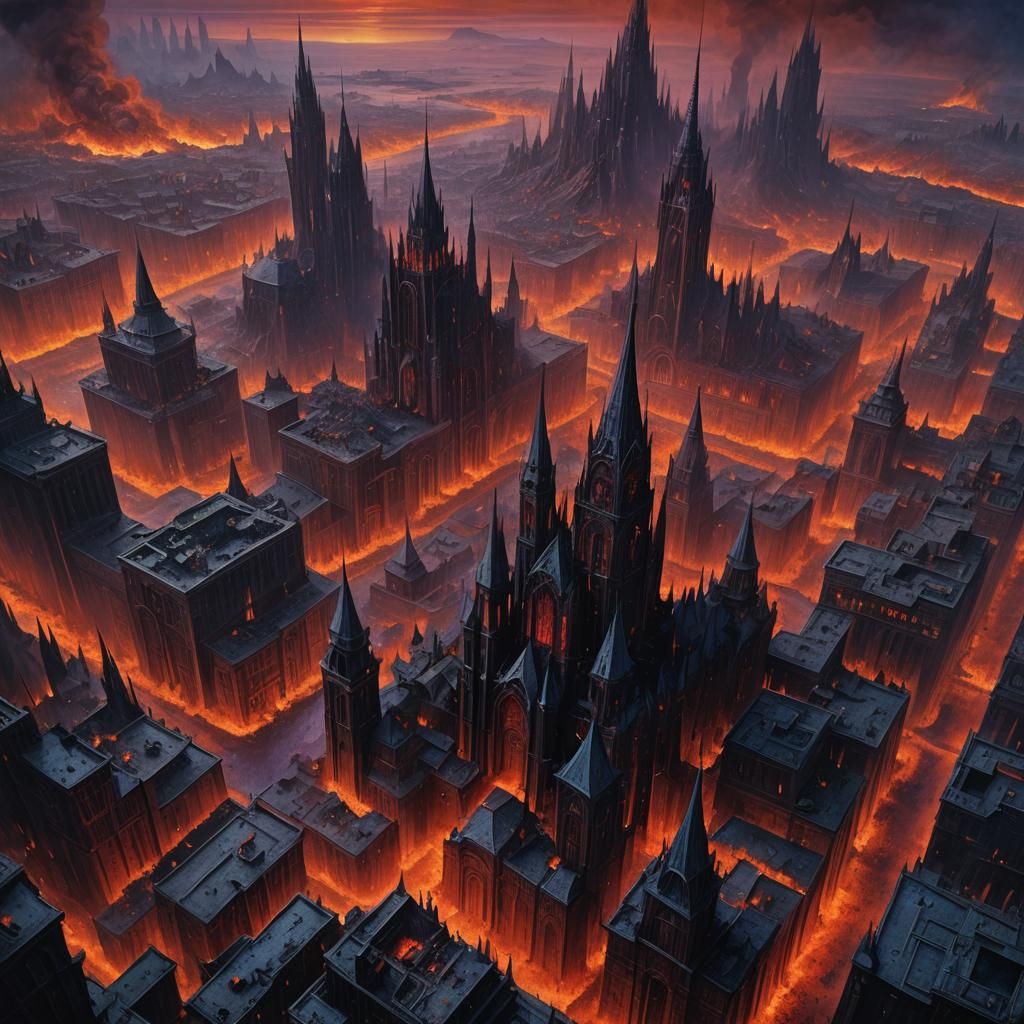 Hellish Cityscape Bird's Eye View in Dystopian Style