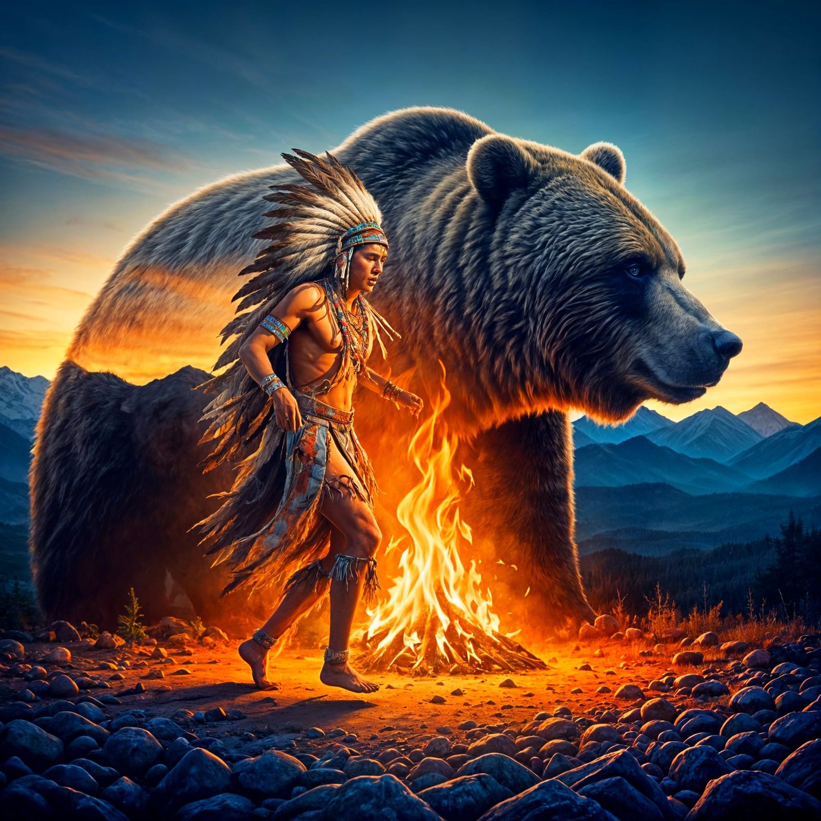 Native American Shaman Dancing with Grizzly Bear Silhouette