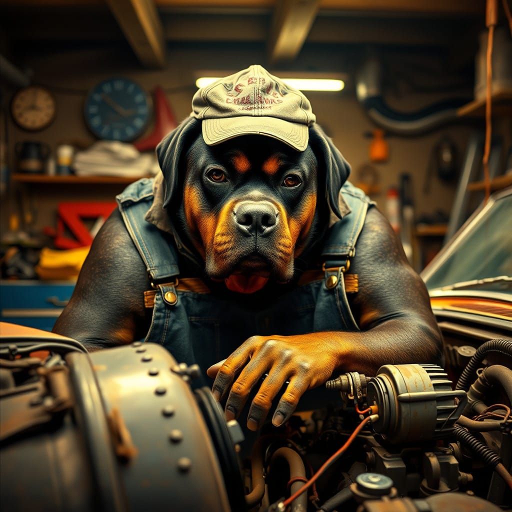 Rugged Rottweiler Tunes Vintage Mustang in Rustic Garage