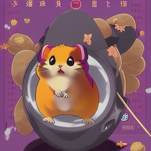 Hamtaro Hamster Ninja Stealing Potatoes in Anime Style