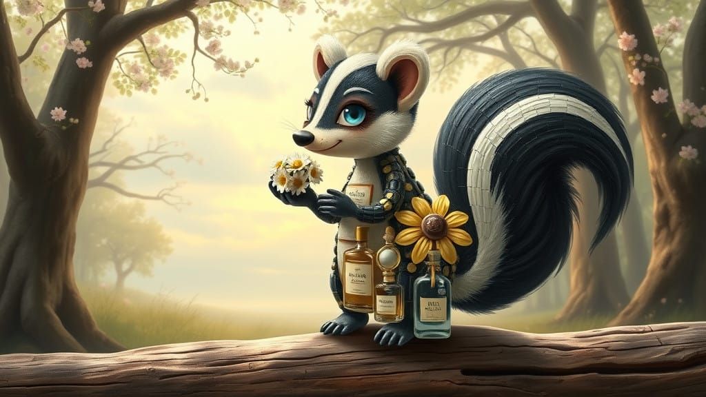 Whimsical Skunk Character in Serene Forest Clearing