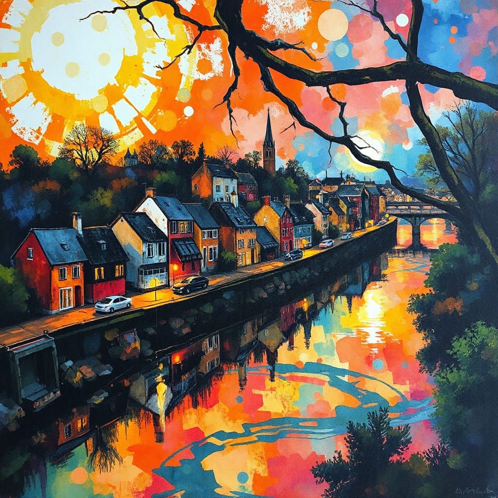 Riverside Town in Expressionist-Abstract Fractal Style