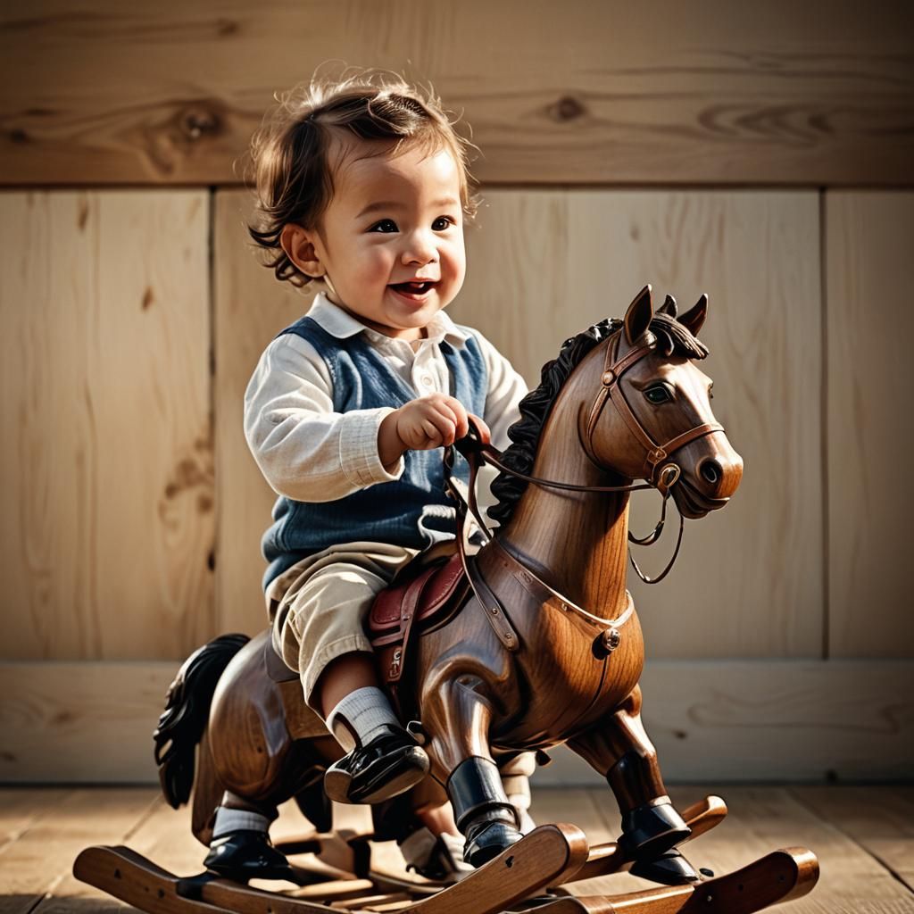 Happy Child on Wooden Rocking Horse: Hyper-Realistic Photo