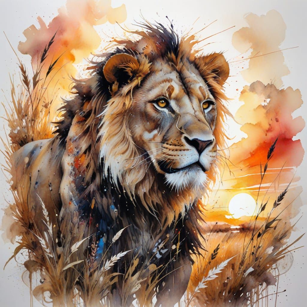 Lion Silhouette in African Sunset: Watercolor Art