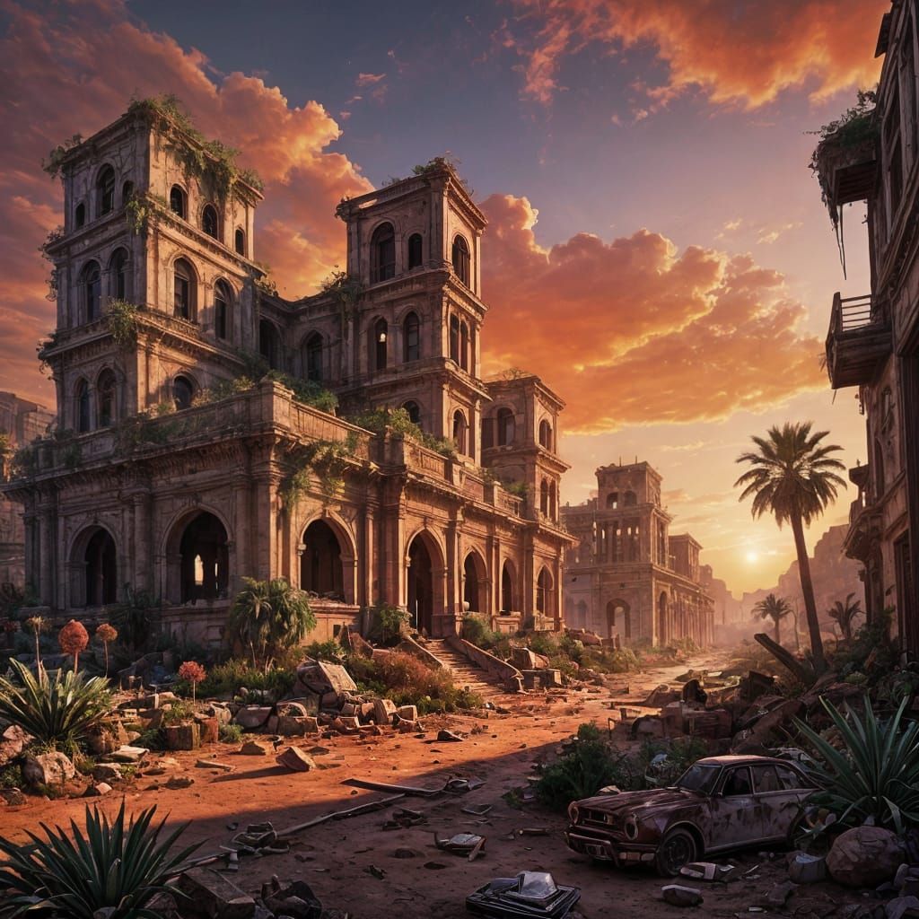 Epic Desert Metropolis in a Vibrant Sunset