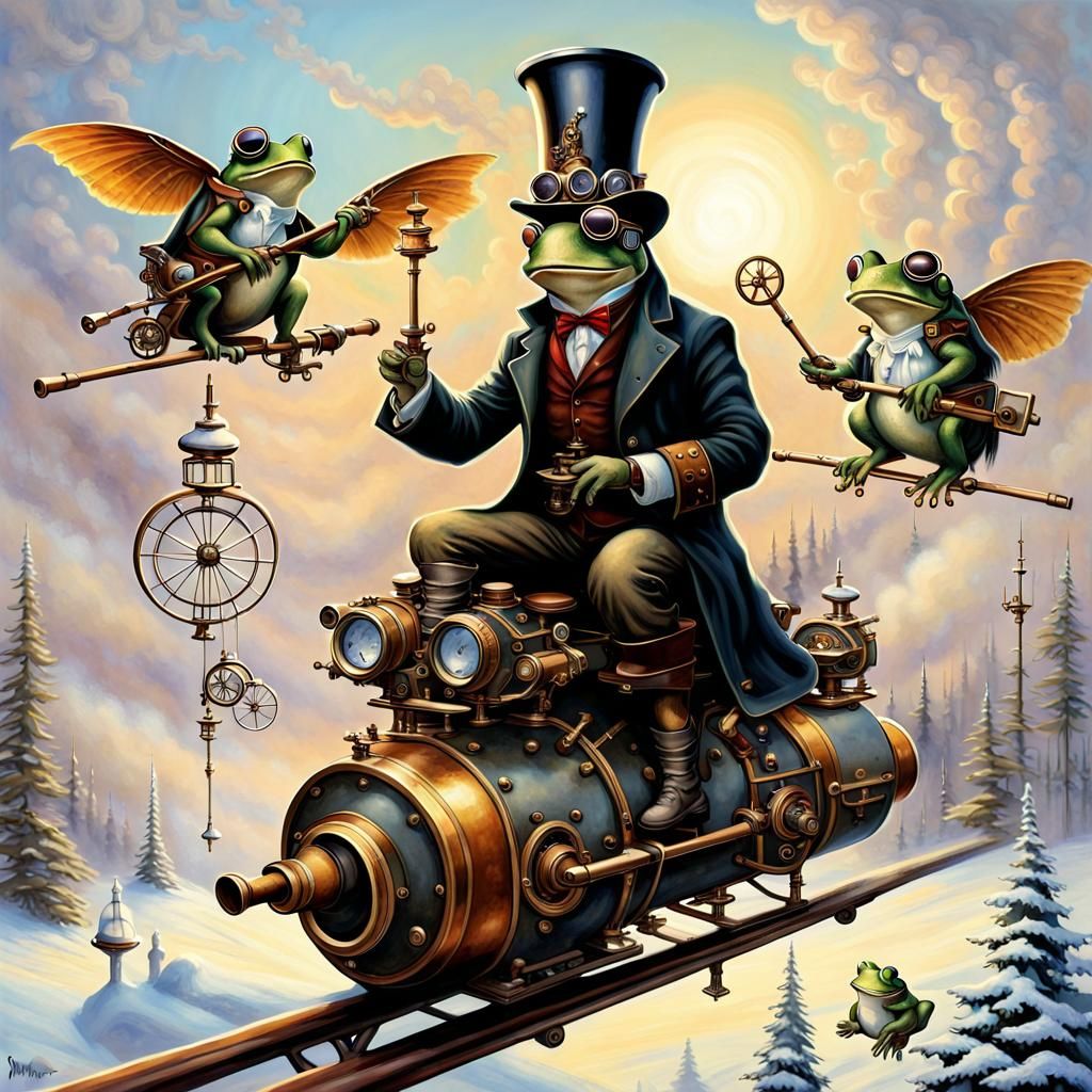 Steampunk Wizards and Frogs Fly Over Snowy Landscape