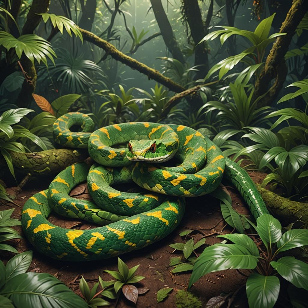 Cute Bush Viper in Tropical Forest Art