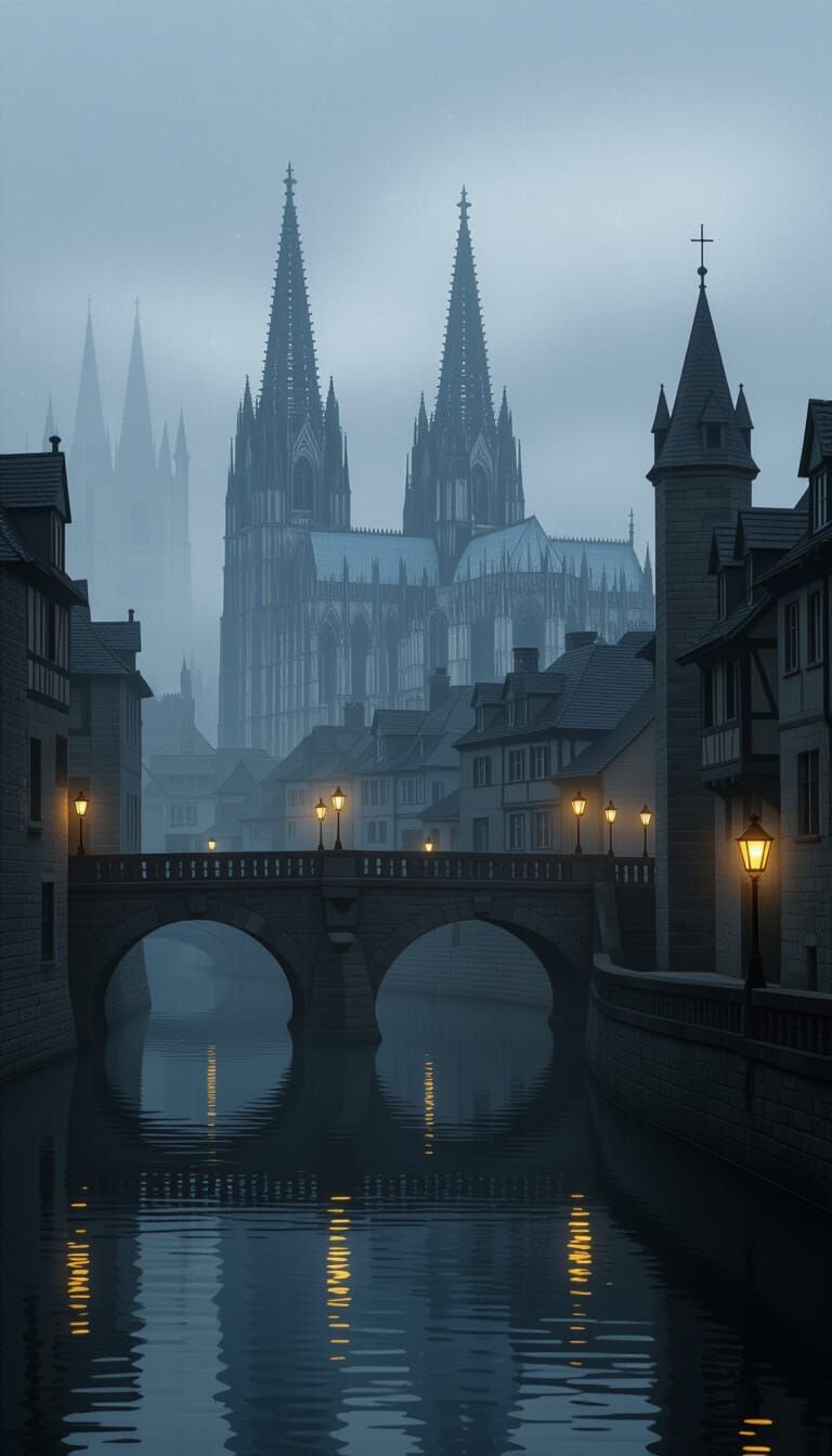 Foggy Medieval Town with Gothic Cathedrals and Gaslights