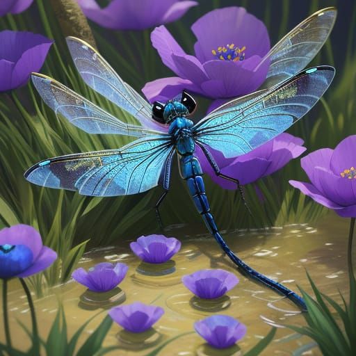Giant Blue and Gold Dragonfly Over Purple Poppy