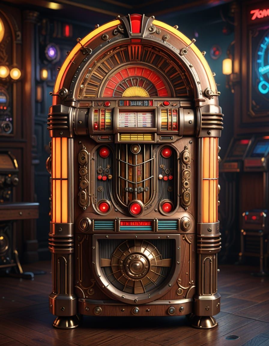 Steampunk Wurlitzer Jukebox in Dance Club, 8K Render