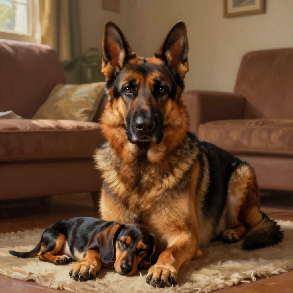 German Shepherd Guards Sleeping Dachshund in Sunlit Room