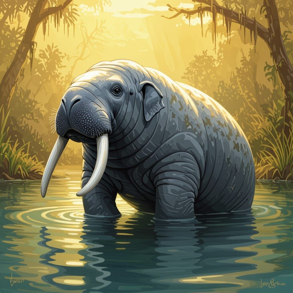 Whimsical Manatee-Elephant Hybrid in Golden Light