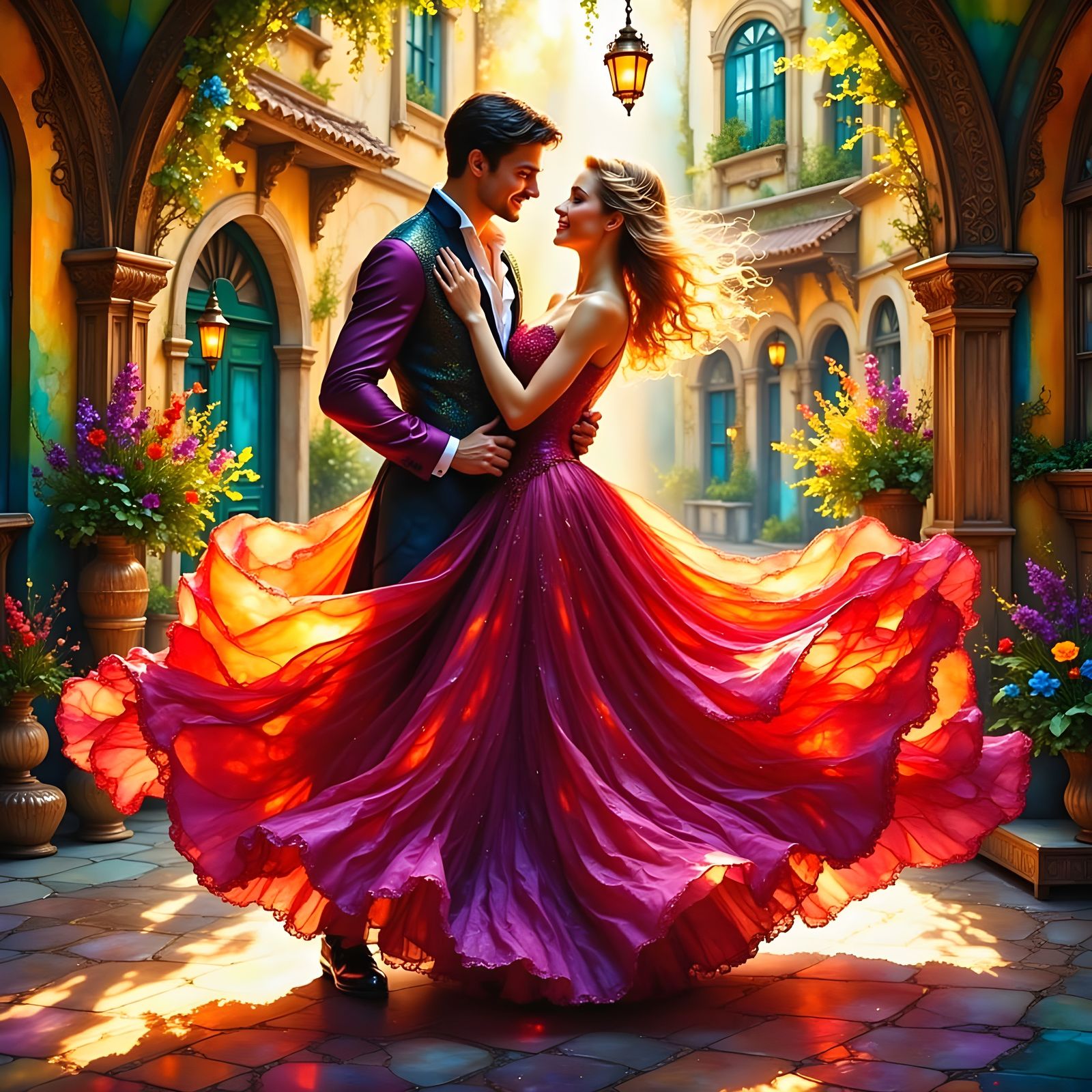 Elegant Fantasy Waltz in a Traditional Spanish Courtyard