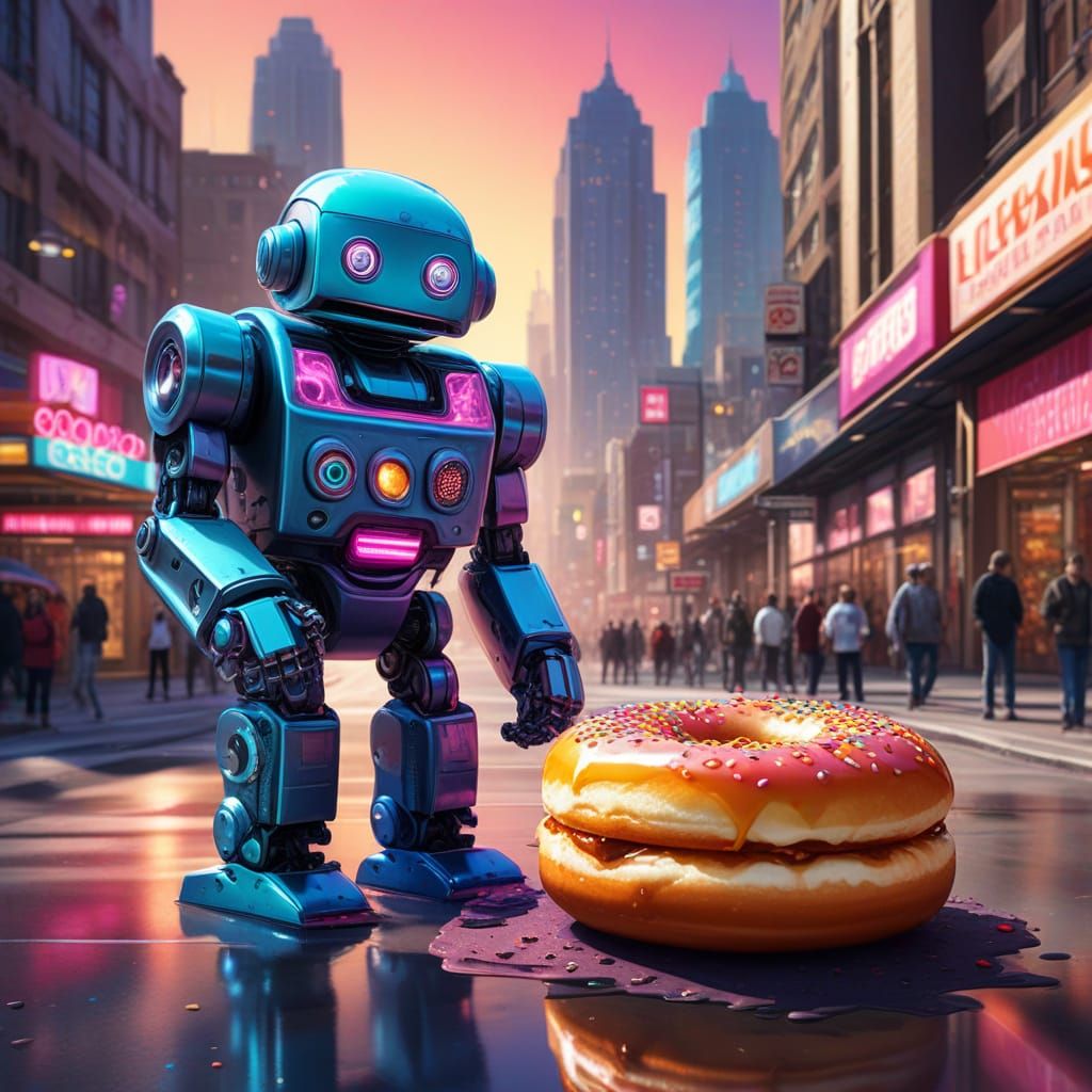 Vibrant Cityscape with Robots and Jelly-Donuts in Eric Joyne...