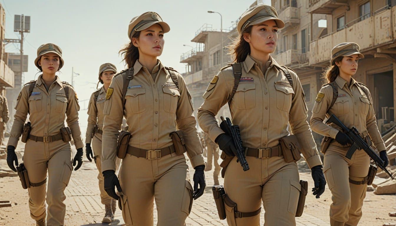 Women in Tan Army Uniforms in 3D Game Style