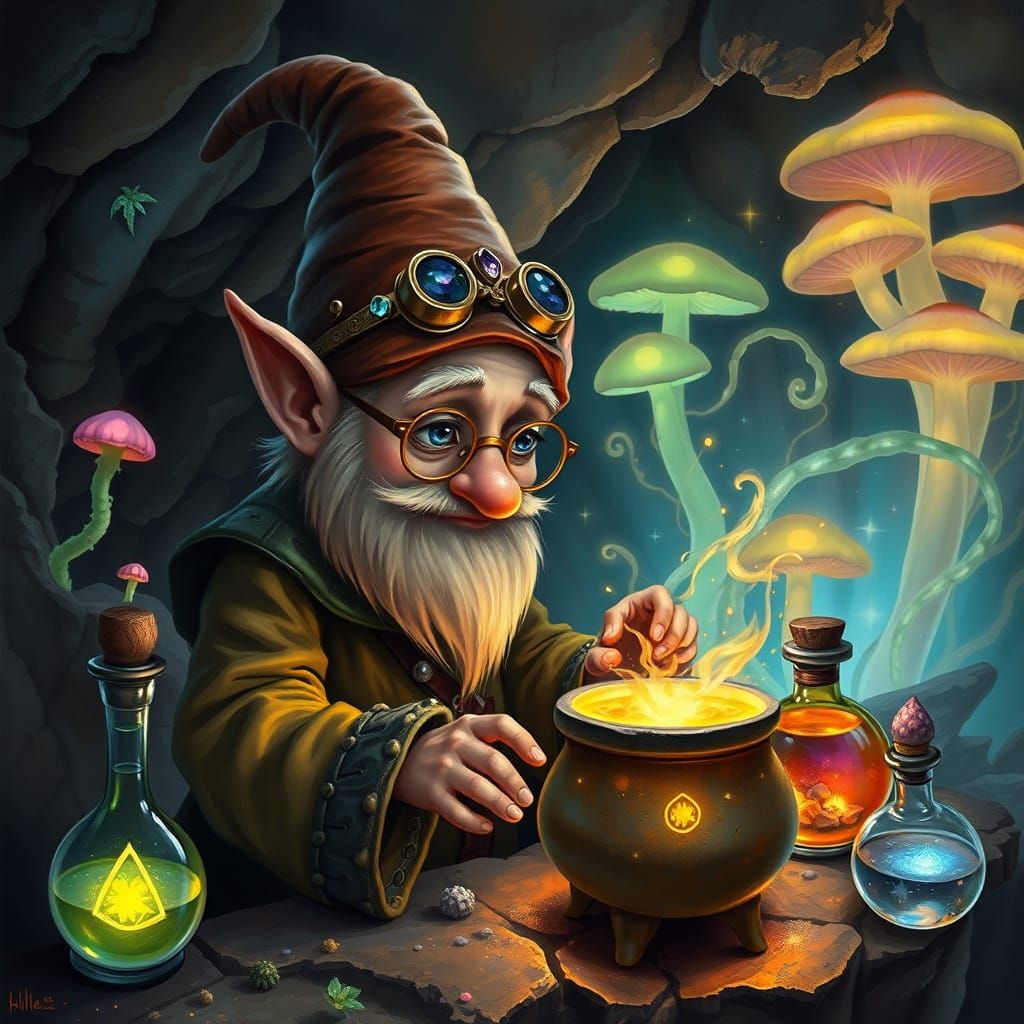 Gnome Alchemist in Ethereal Bioluminescent Cavern