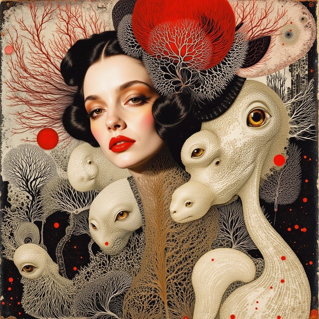 Retro Vogue Model with Alien Babies in Garden