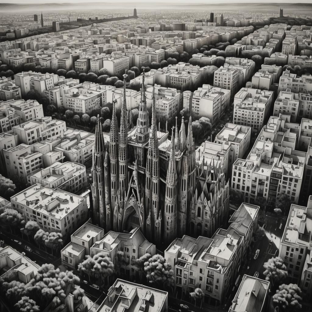 Barcelona Cityscape in Charcoal Drawing Style