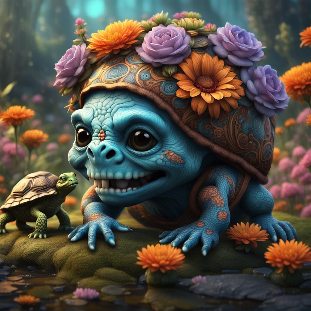 Troll Sugar Skull Turtle with Flower Wings