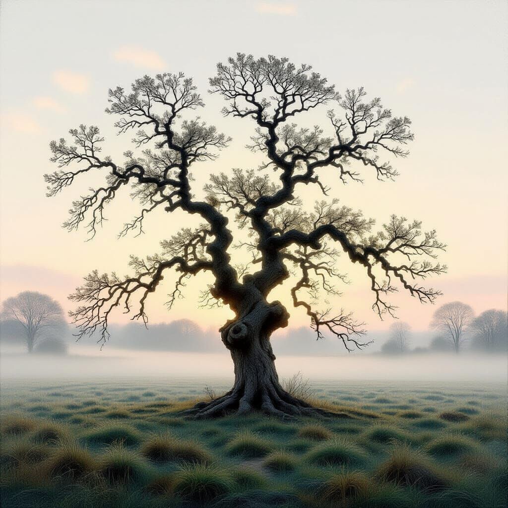 Misty Dawn Oak Tree in Romantic Style