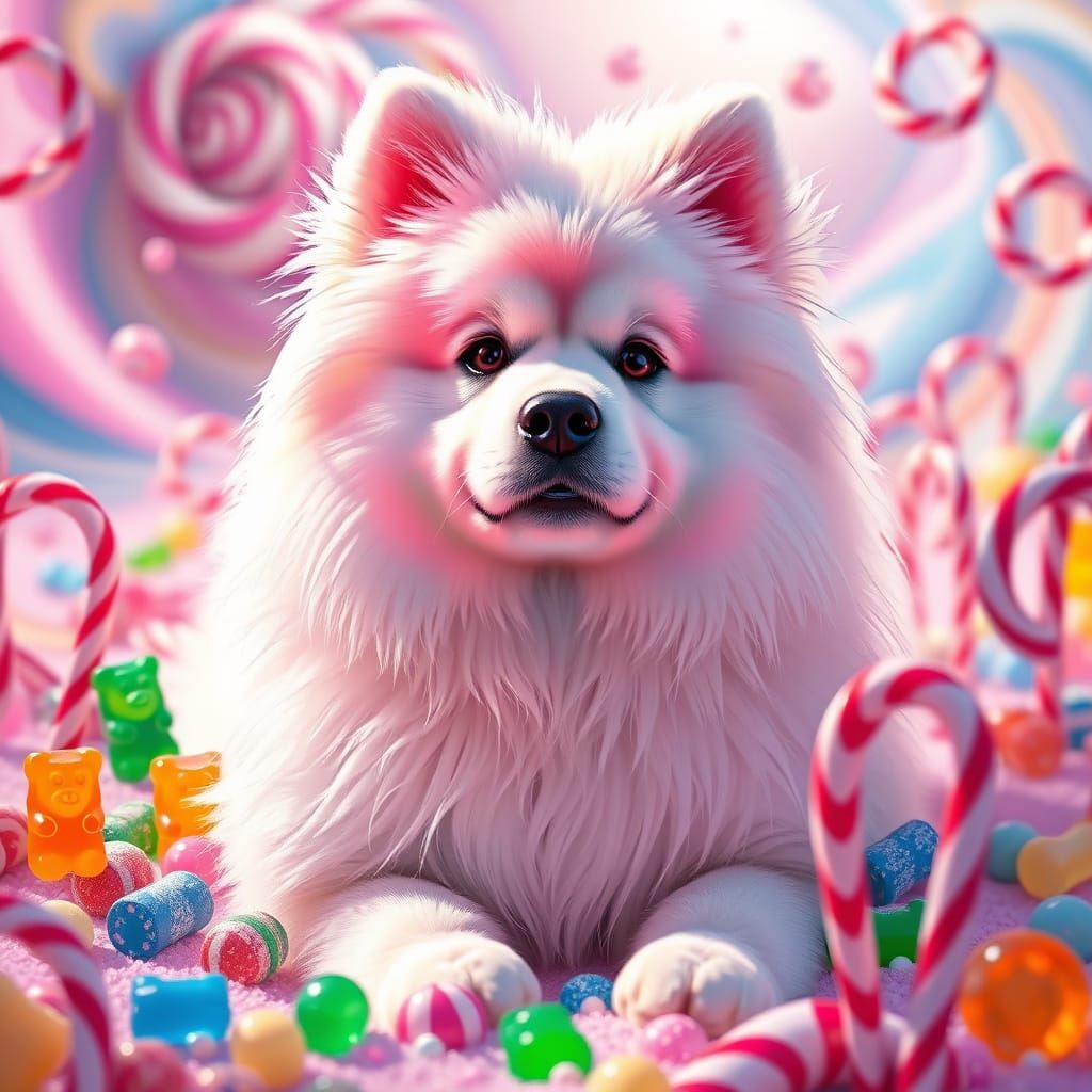 Sugary Samoyed in Vibrant Candyland Landscape