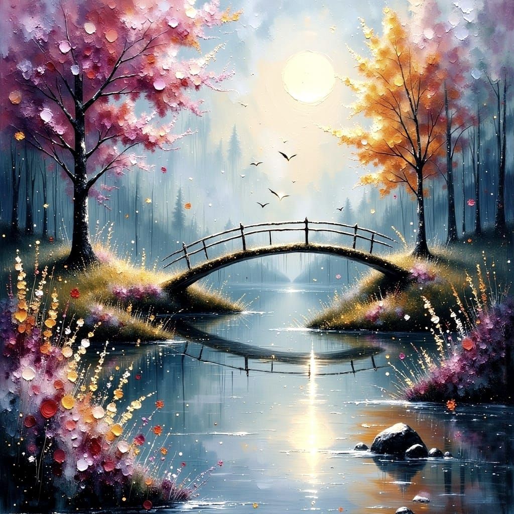 Whimsical Sunset Bridge over a Serene Pond in Impressionisti...