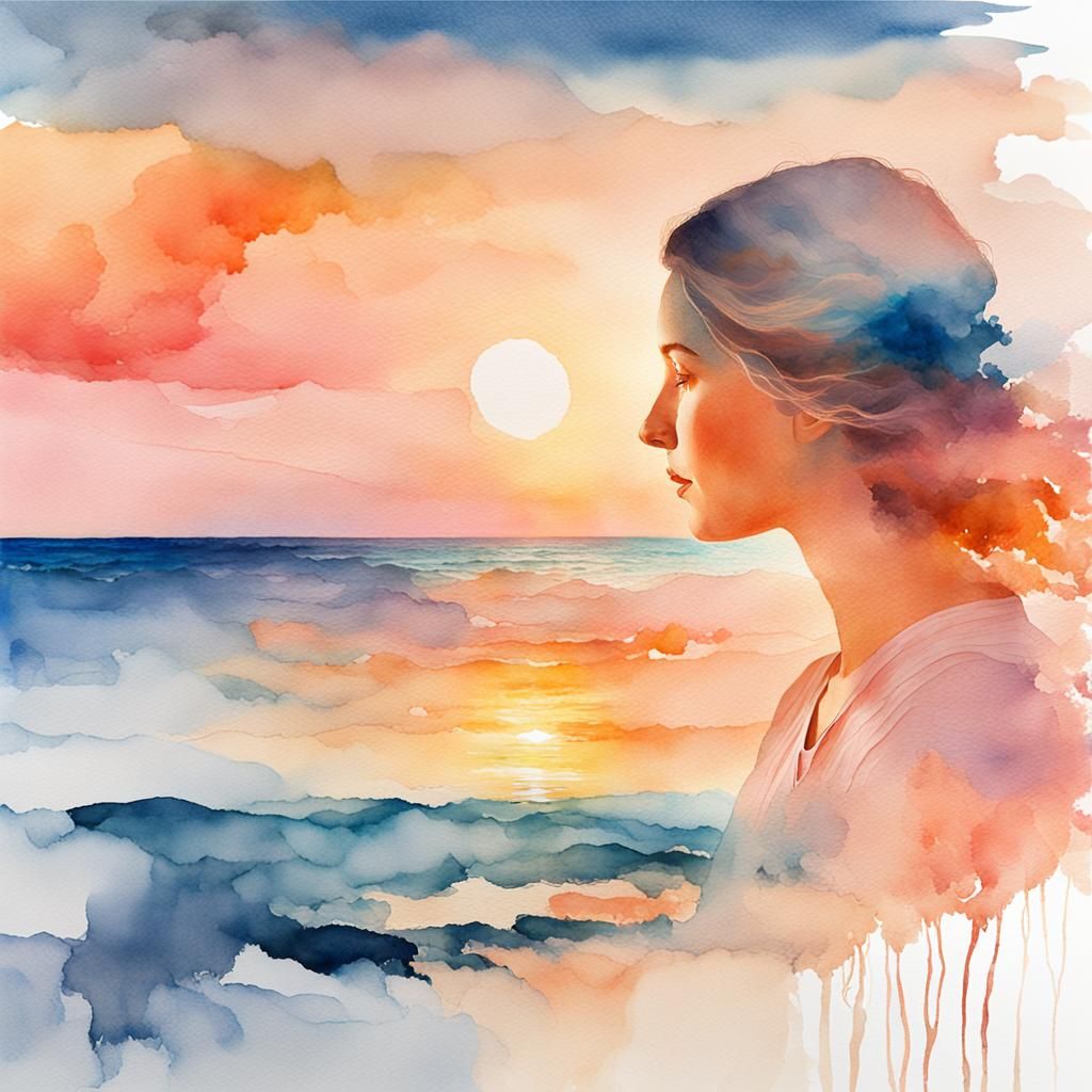 Watercolor Double Exposure: Woman and Sunset Beach