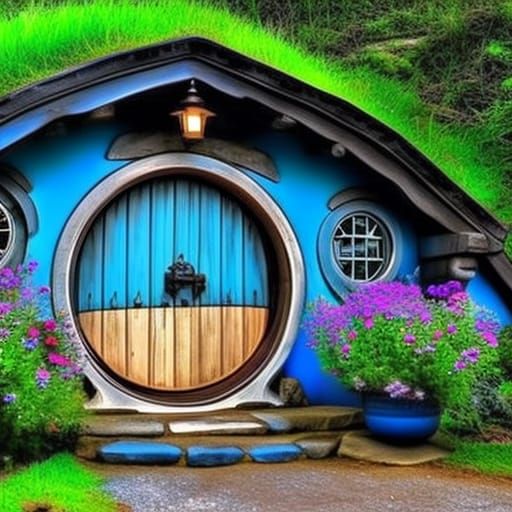 Beautiful hobbit house with Circular blue door& Circular blu...