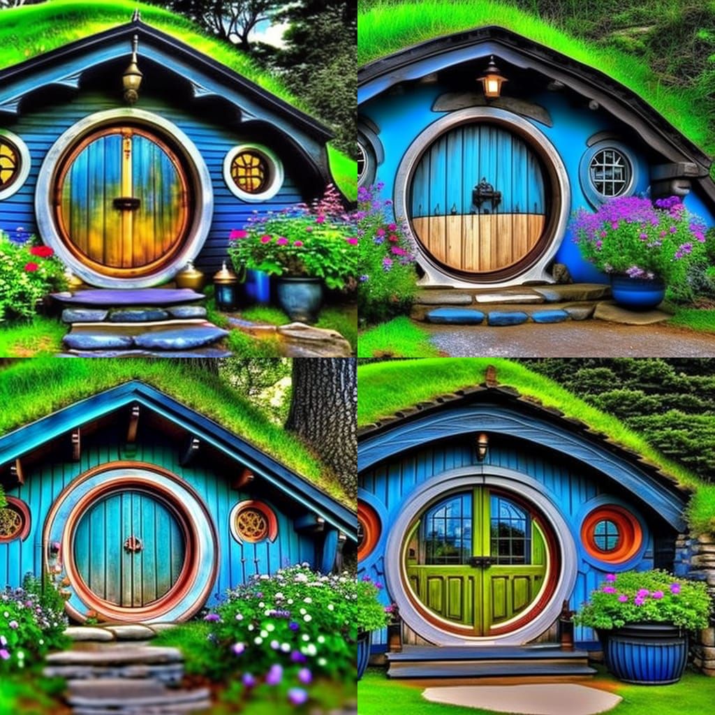 Beautiful hobbit house with Circular blue door& Circular blu...
