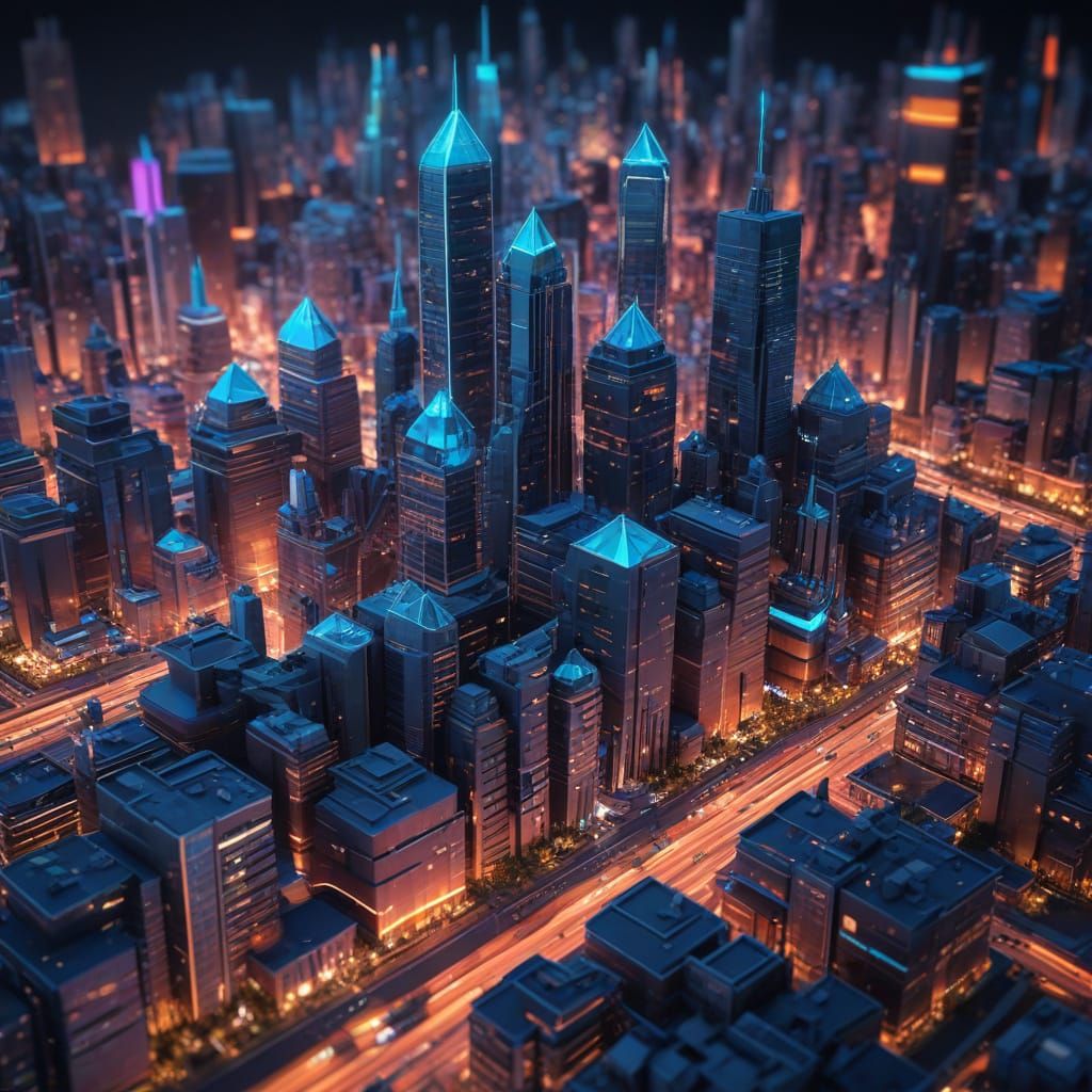 Futuristic Cityscape in Neon-Lit Low-Poly Art