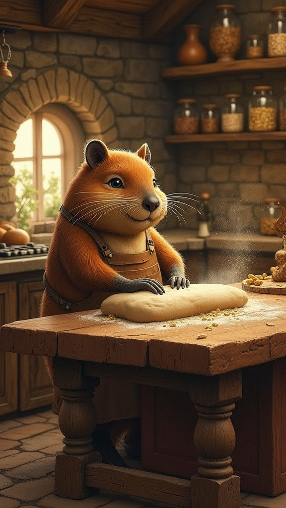 Beaver Baker in Enchanted Kitchen, Storybook Illustration