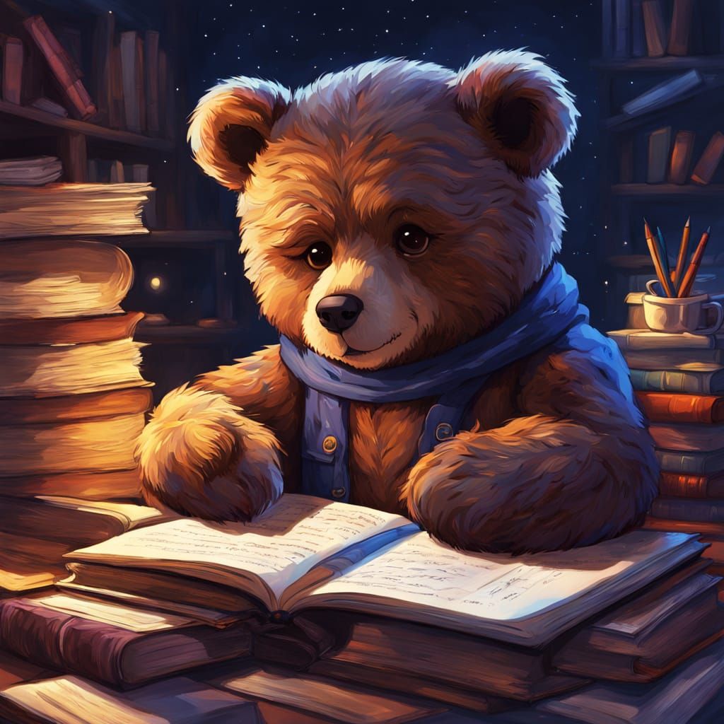 Study Session with a Cute Brown Teddy Bear in Hyperrealistic...