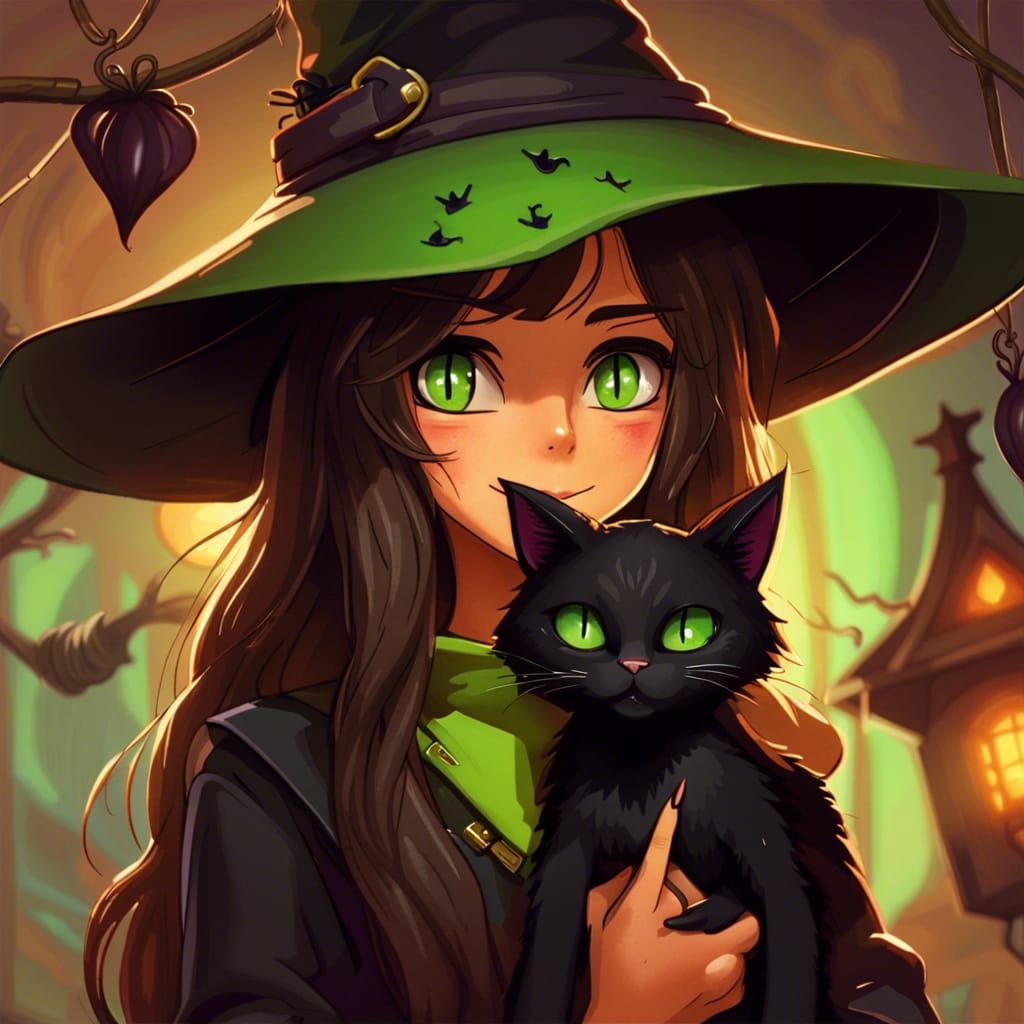 Girl with Cat in Halloween Fantasy Art