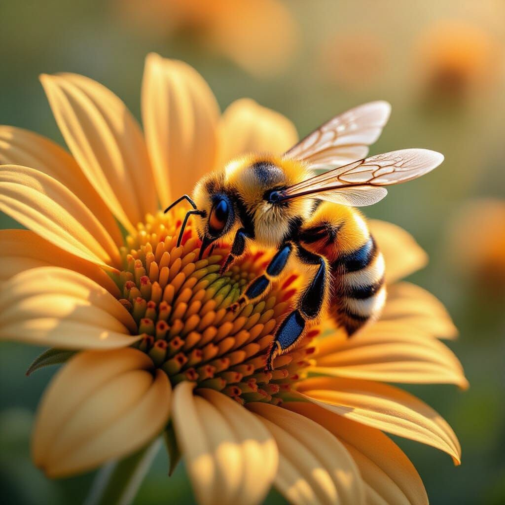 Bee Collecting Pollen: Hyperrealistic Macro Photography