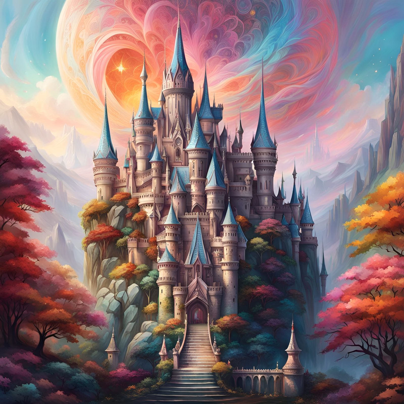 Hyperdetailed Elven Castle in Psychedelic Rococo Style