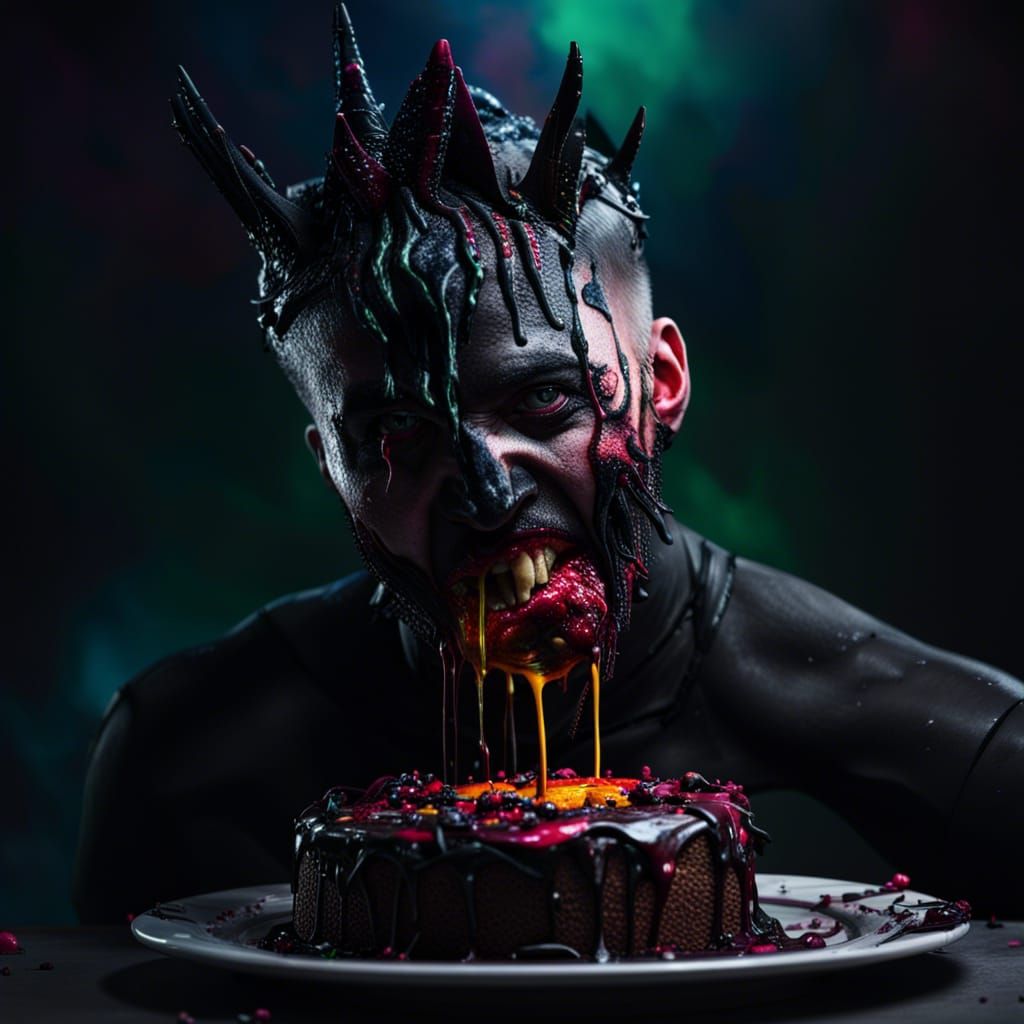 Goth Eating Dark Cake in Hyperrealistic Splash Art