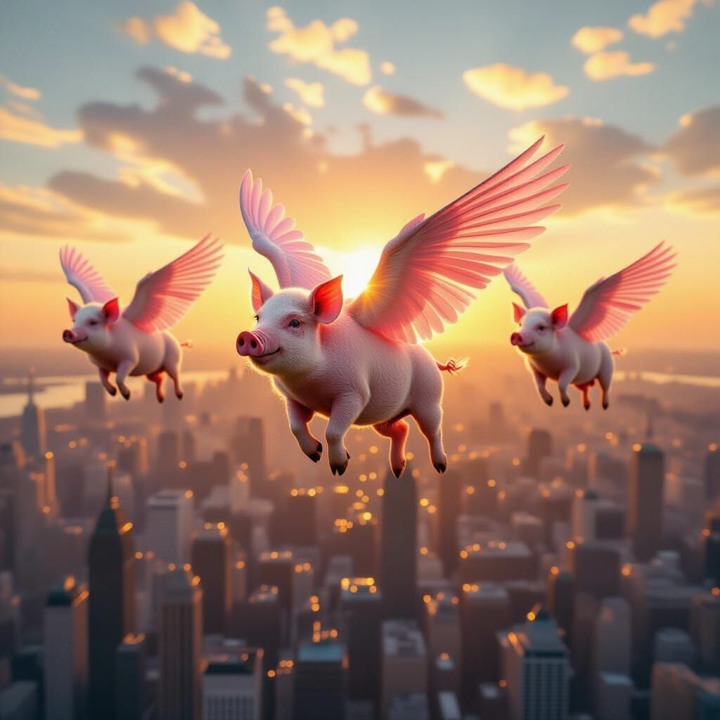 Hyperrealistic Pigs Fly Over Metropolis at Golden Hour