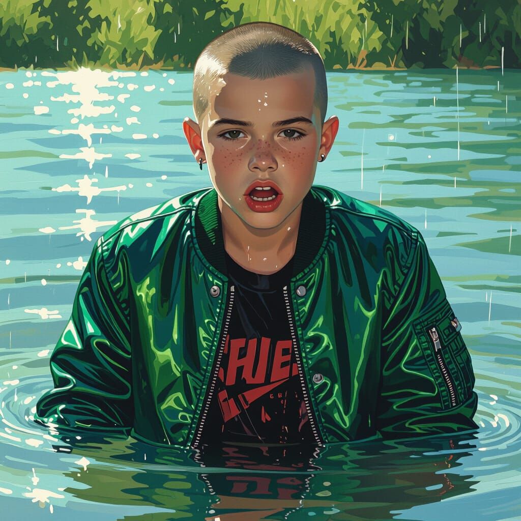 Punk Boy in Emerald Jacket Walks Into Lake