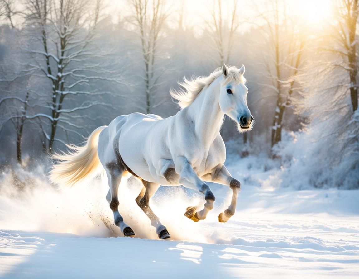 White Horse Galloping in Sunlight Through Snow