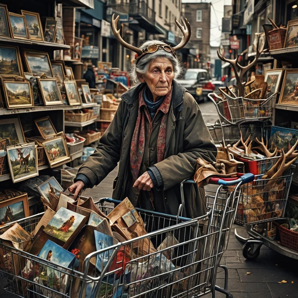 Hyperrealistic Homeless Woman with Antlers and Paintings